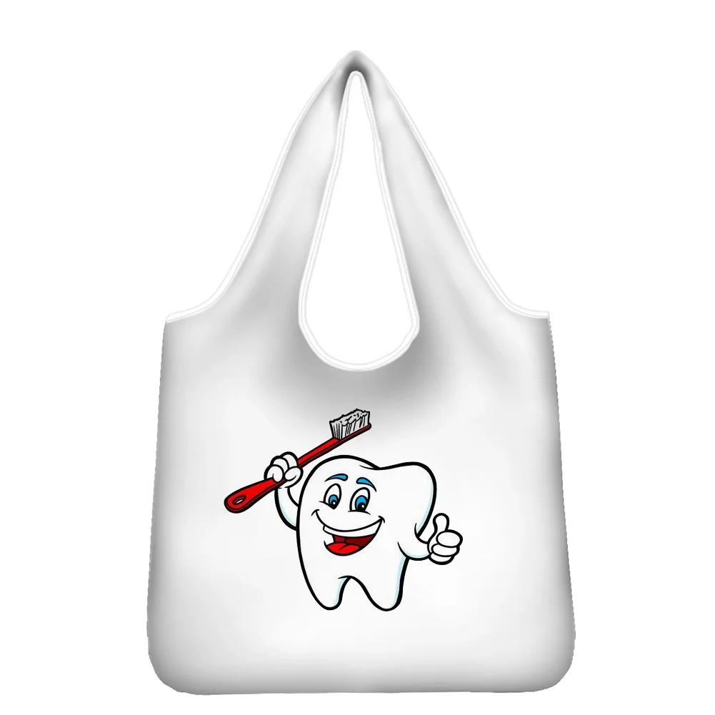 Hycool Reusable Hand Bag Cartoon Teeth Print Cute Shoulder Bags Kawaii Beach Tote Designer Bag Personalized Shopping  Gift Bag