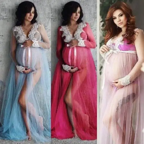 3 Colors Photography Photo Shoot Pregnant Women Long Sleeve Maternity Lace Dress Maxi Gown Pregnancy Dresses Clothes