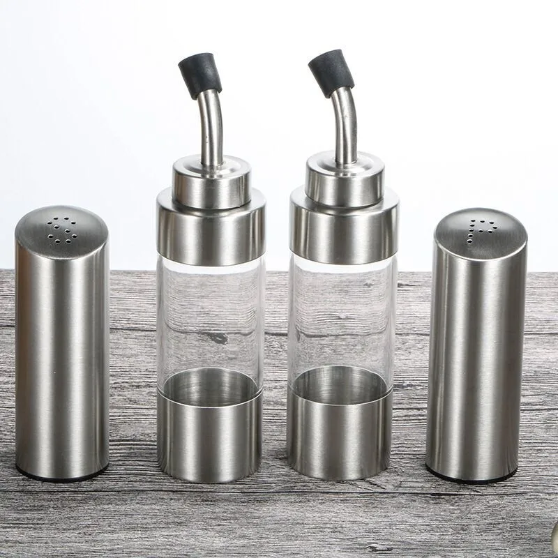 Stainless Steel Salt and Pepper Shaker Set, Spice Jar, Condiment Box, Cooking Seasoning Bottle, Wood Holder, 5 PCs per Set