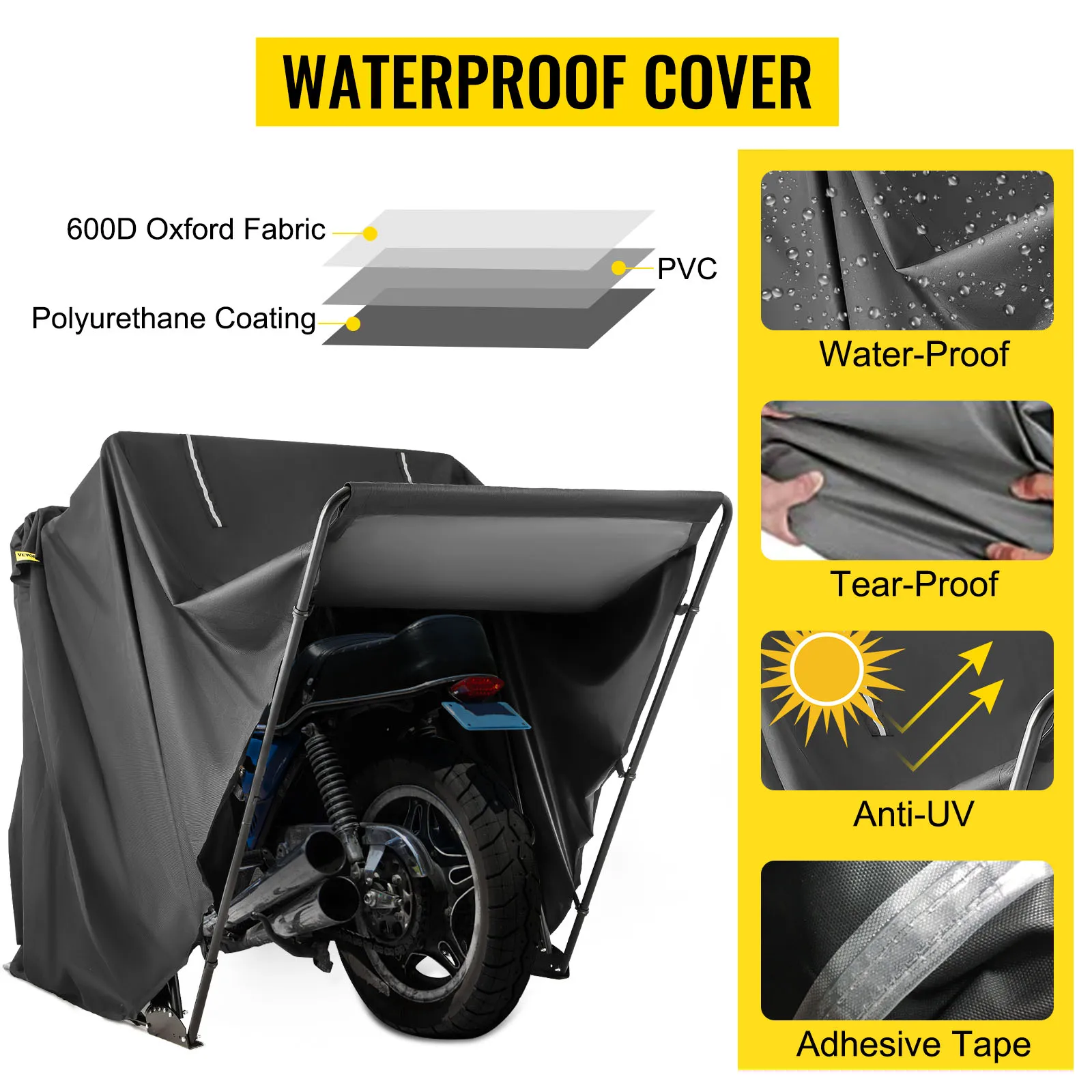 VEVOR Motorcycle Shelter Black Retractable Waterproof UV Protected Windproof Dustproof Anti-Fading Storage Cover Tent W/ Lock