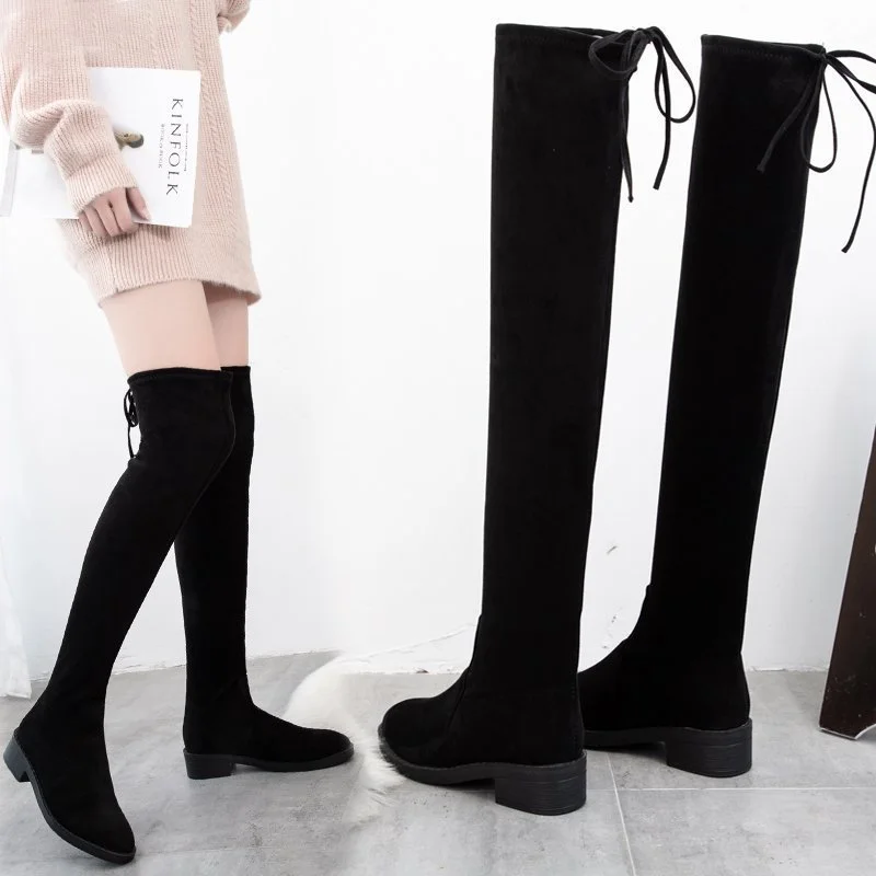 Thigh High Boot Female Autumn Winter Women\'s Over The Knee Boots Flat Stretch Sexy Fashion Shoes 2021 Black Casual Large Size 43