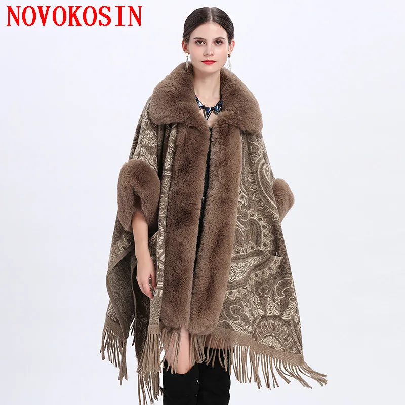 

Women Printed Khaki Poncho Capes Big Faux Rabbit Fur Collar Tassel Outstreet Wear Winter Warm Woolen Thick Long Cloak Loose Coat