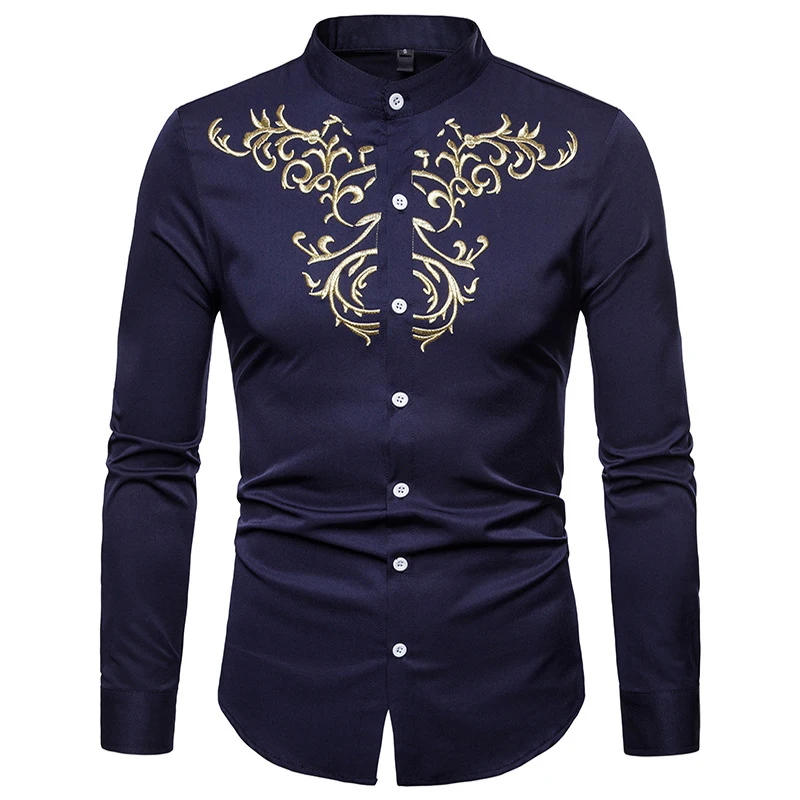 Fashion Mandarin Collar Embroidery Shirt Men 2021 Brand Long Sleeve Button Up Shirt Mens Party Business Casual Slim Fit Shirts