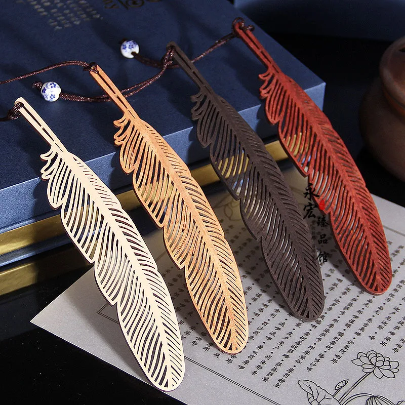 Retro Chinese style Feather Bookmark Pendant Wooden Book mark Stationery School Office Supply Escolar Papelaria