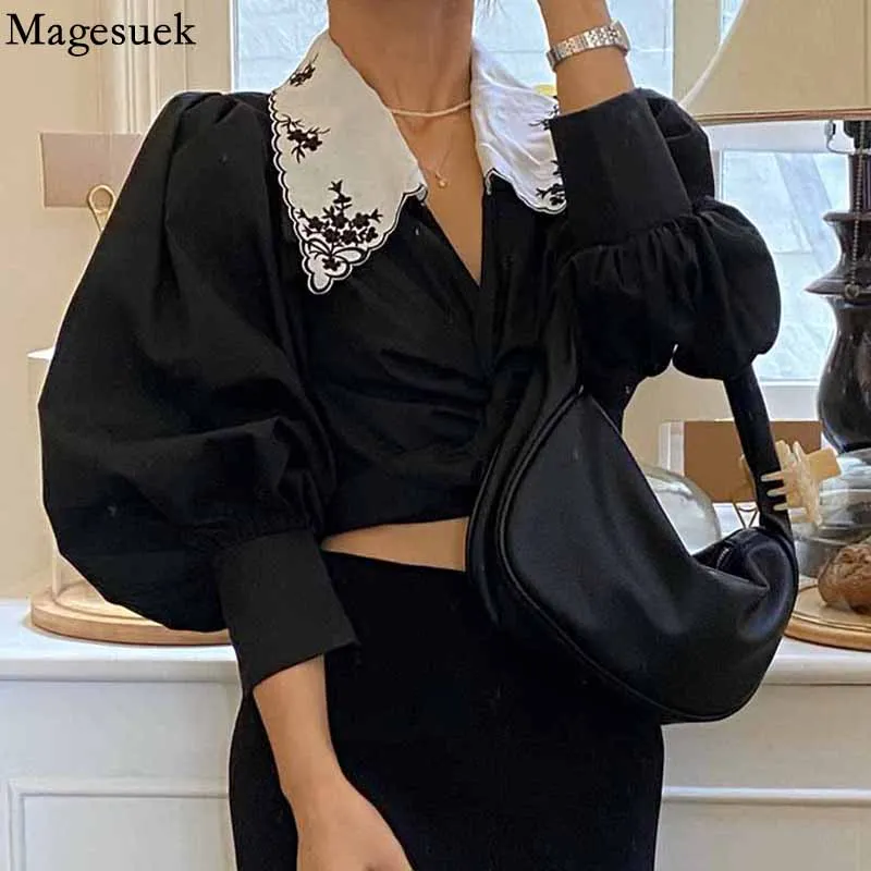 

Sexy Turn-down Collar Embroidered Crop Top Women Korean Fashion Chic Cross Short Blouse Lantern Sleeve Slim Women's Shirt 16955