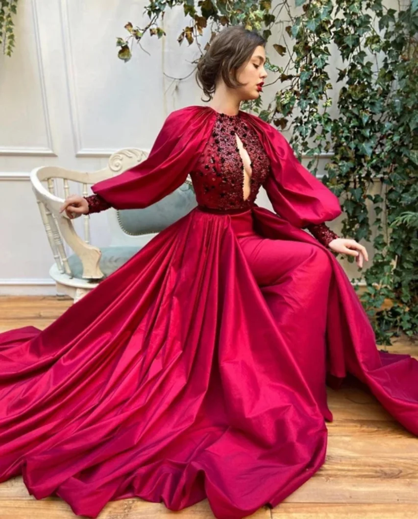 Robe De Soirée rouge avec jupe détachable, manches longues, style sirène, avec traîne, sur mesure, Robes spéciales