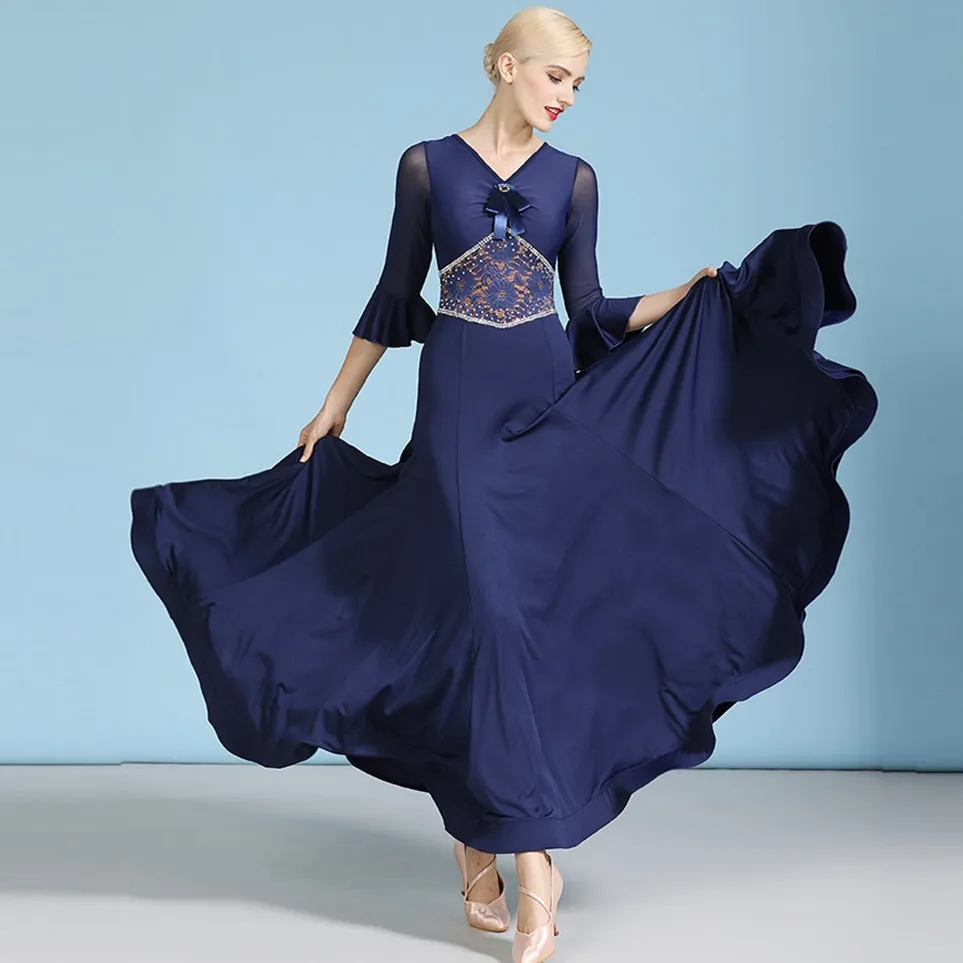 

horn sleeves lace standard Ballroom dance dress Waltz Dress for ballroom dancing rumba dance costumes sequins dance clothes blue