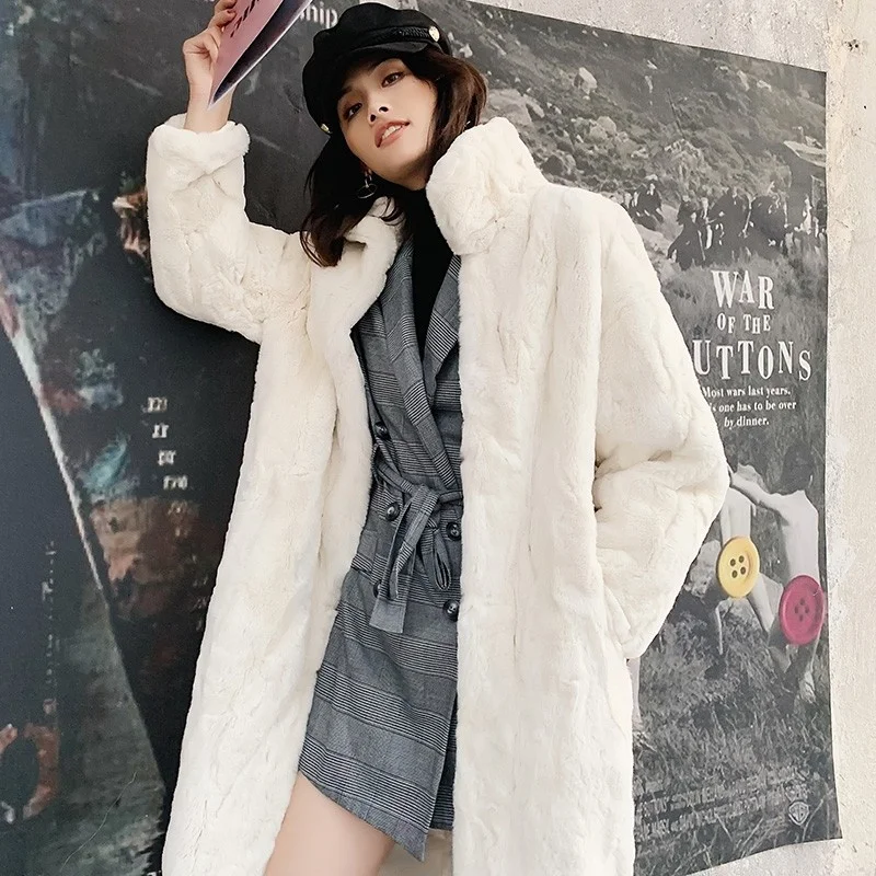 Winter New Women Real Rex Rabbit Fur Coat Female Long Shearling Jacket Colors Warm Loose Fit Hairy Soft Real Fur Overcoat