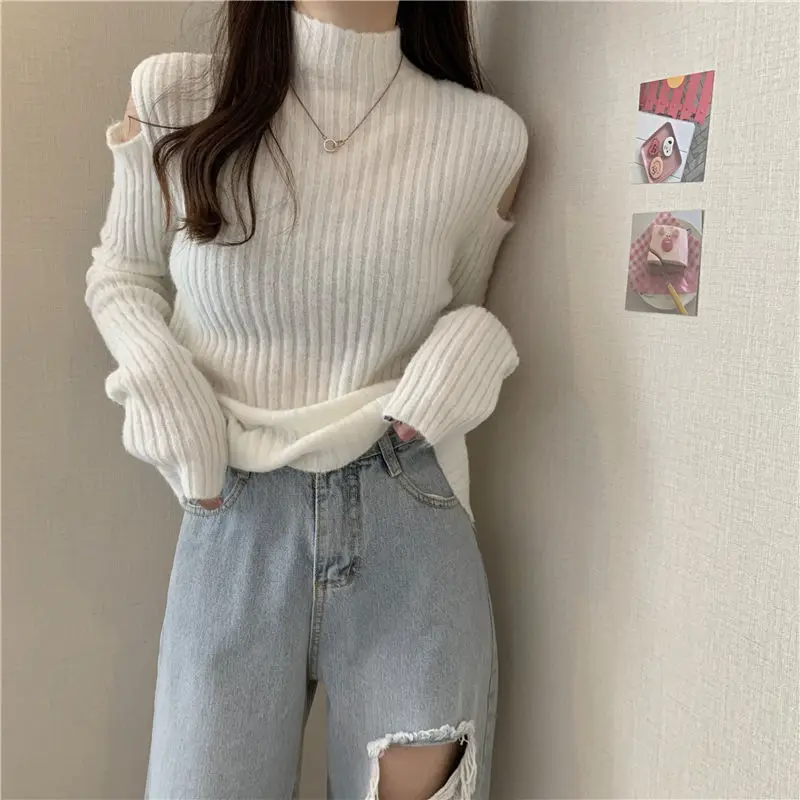 2024 Autumn Winter Pullover Knitwear Turtleneck off-the-Shoulder Sweater for Women Woman Sweaters Femme Chandails Pull Hiver