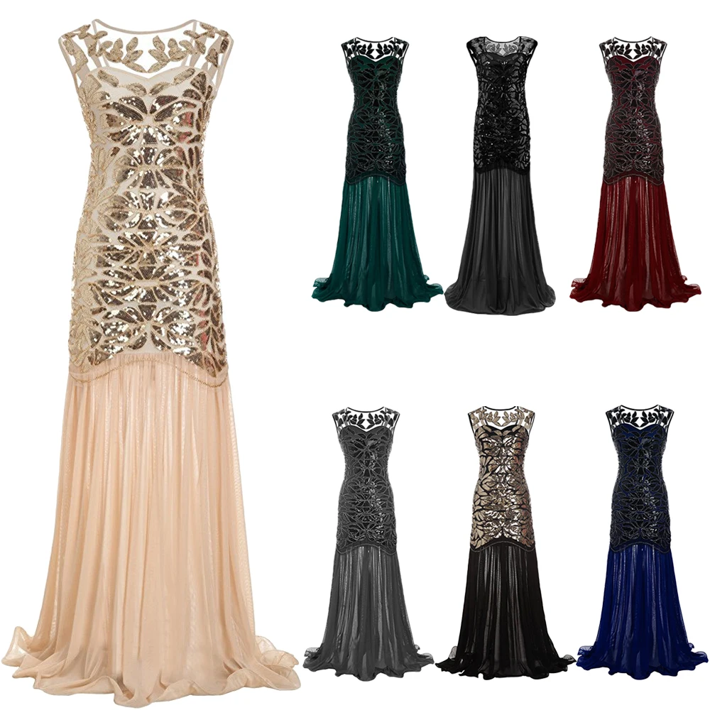 

Vintage Women 1920s Great Gatsby Dress Long 20s Flapper Dresses V Neck Sleeveless Maxi Party Dress Prom Mesh Gown Elegant Dress