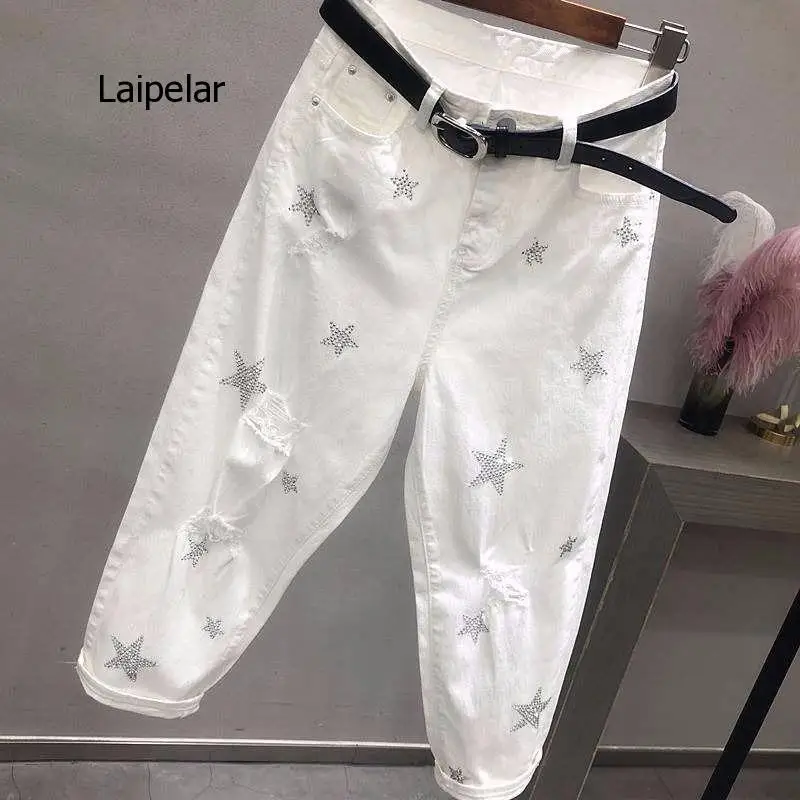 Spring Autumn Korea Fashion Women White Jeans High Waist Vintage Hole Loose Denim Pants Casual Ankle-Length Harem Pants