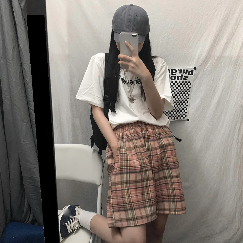 Shorts japonais Harajuku rétro à carreaux pour femmes, vêtement d'été, longueur des hanches et genoux, mode à lacets, taille haute, jambes larges, pour filles