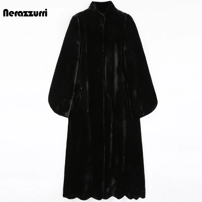 Nerazzurri Winter Long Blue Warm Thick Fluffy Faux Fur Coat Women Scallop Hem A Line Black Korean Fashion Outerwear 5xl 6xl 7xl