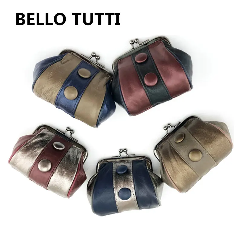 BELLO TUTTI Genuine Leather Women's Coin Purse Patchwork Mini Wallets Metal Frame Female Girls Change Purse Small Coin Bag