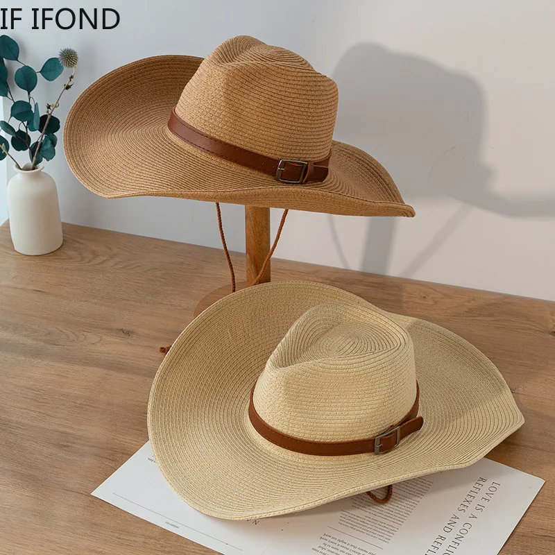 New Design Natural Paper Western Cowboy Hat 13CM Big Wide Brim Women Men Summer Beach Straw Hats Panama Cowgirl Jazz Sun Caps