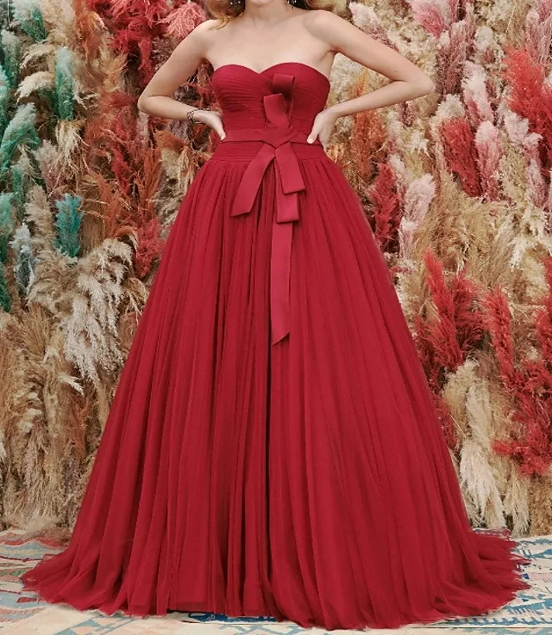 

Vintage Red Sweetheart Evening Prom Dresses 2023 Tulle with Bow Sash Formal Gown Robe Soriee Vestidos De Fiesta Largo