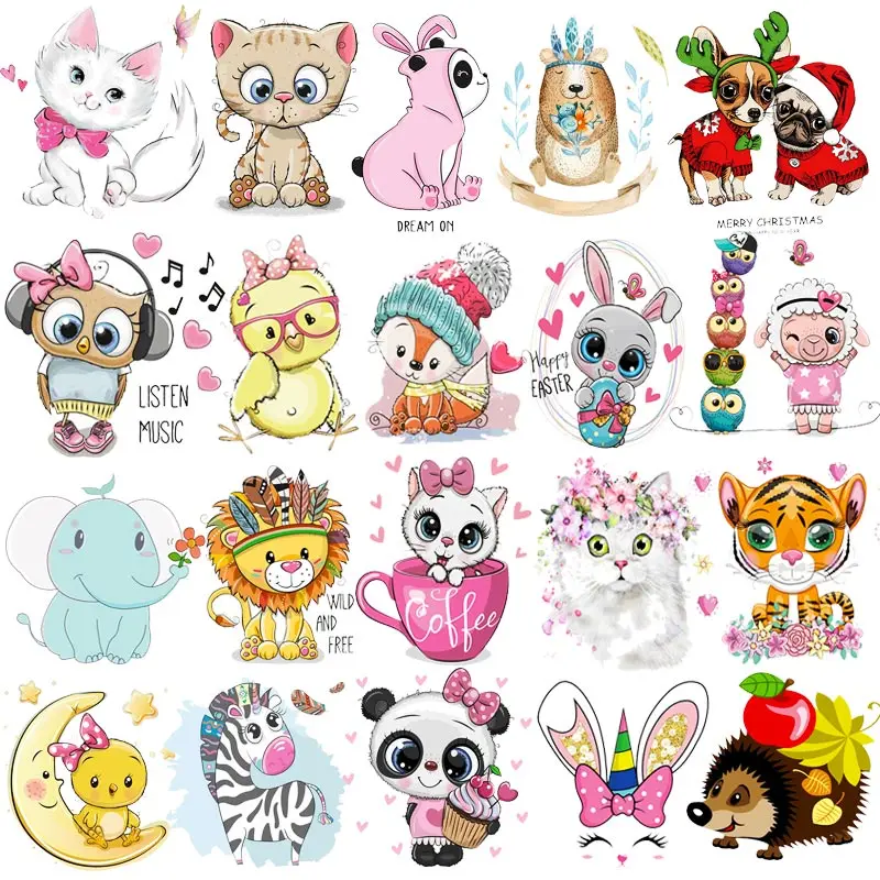 Cute Small Animal Patch Iron on Transfers On Clothes Heat Transfer Stickers Cat Unicorn Thermo Applique For Kids T-shirt Stripe