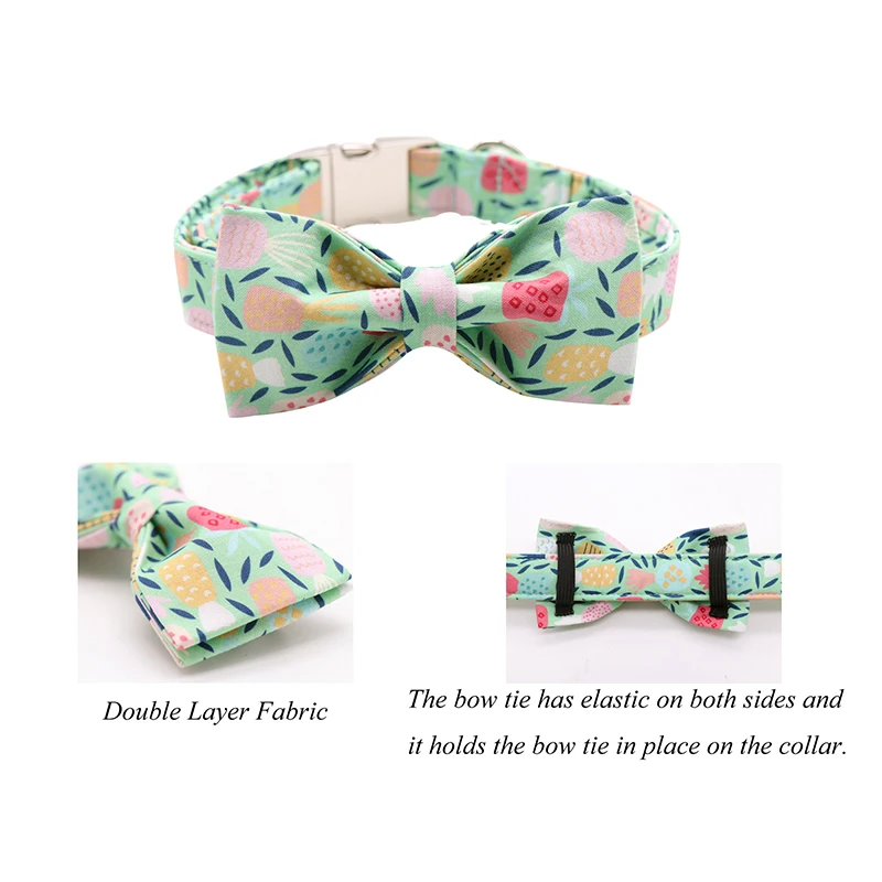 Pineapple Green Cotton Fabric Dog Collar and Leash Set with Bow Tie for Big and Small Dog Metal Buckle Pet Accessories