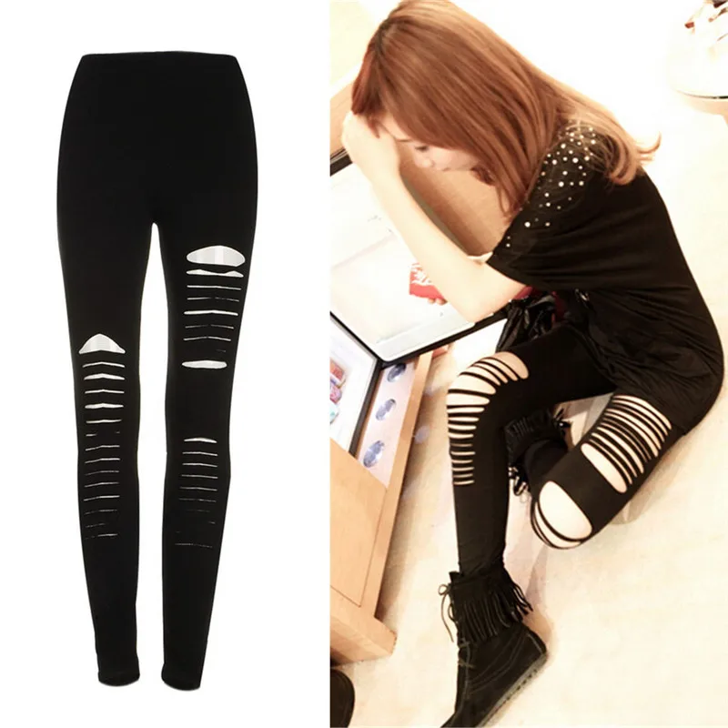 Black Punk Ripped Torn Slashed ตัดลาย Leggings กางเกง Gothic Club ไม่สมมาตรหลุมยืดหยุ่น Skinny กางเกงรัดรูปสำหรับหญิงสาว