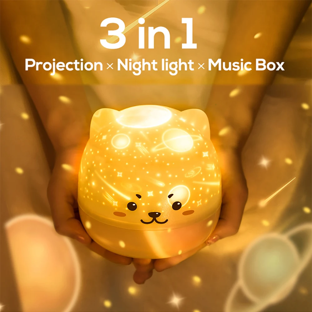 Starry Sky LED Projector Lamp Cute Bear Music Box Night Light Rotatable Bedside Lamp Kids Gifts USB Rechargeable For Bedroom