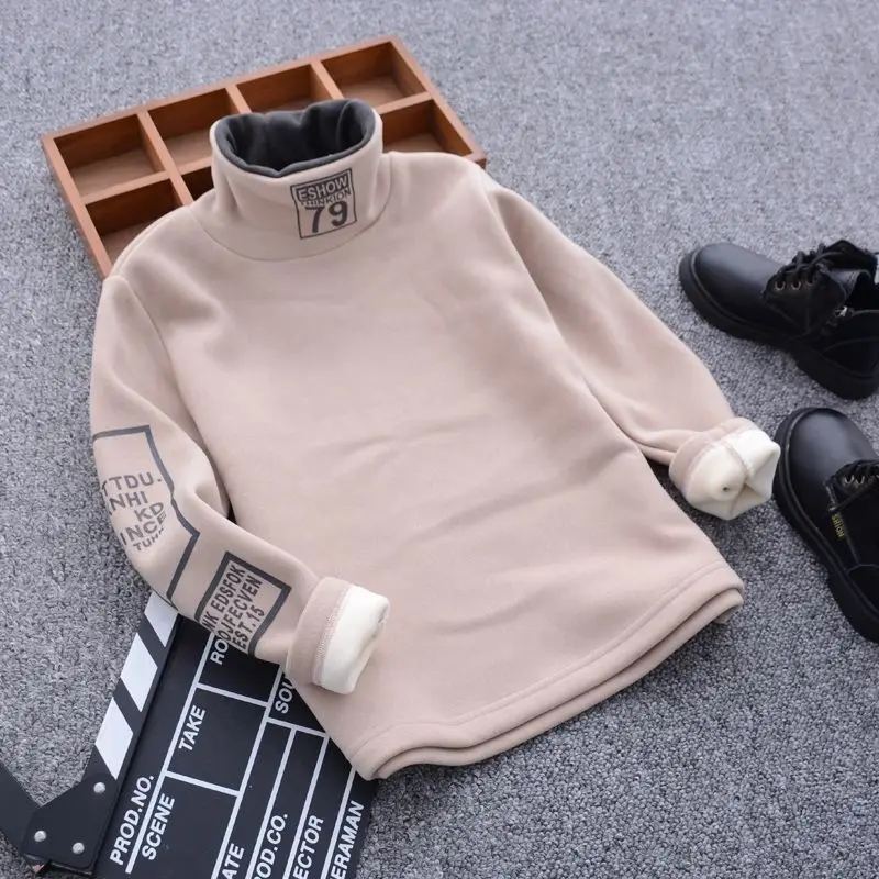 Boys Plus Velvet Bottoming Shirt 2023 Autumn Winter Clothes 4-12 years old Big Kids Long-Sleeve Warm Turtleneck Sweater