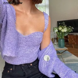 1 set Autumn Winter Romantic Purple Knitting Cardigan Cropped Tank Top Single-breasted One Button Short Sweater Loose Jumper