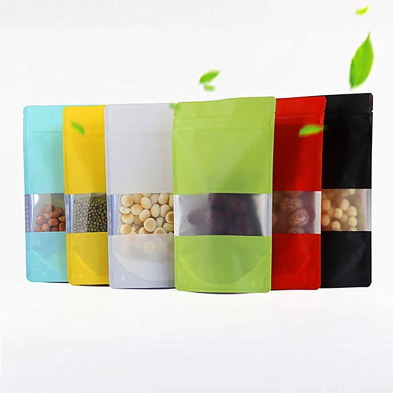 100pcs Stand up Aluminum Foil Frosted Clear Window Packaging Bag Resealable Spice Dried Fruit Coffee Heat Sealing Thick Pouches