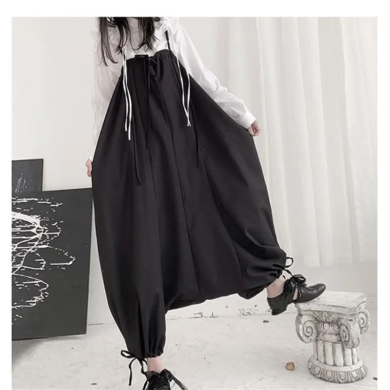 Spring and Autumn women's fashion new pocket design straps jumpsuit trouser leg drawstring black belted low fashion pants