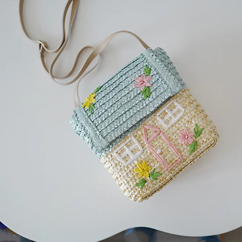 Children's Straw Woven Bag Small House Woven Bag, Rattan Woven Handbag Backpack Bamboo Woven Shoulder Bag