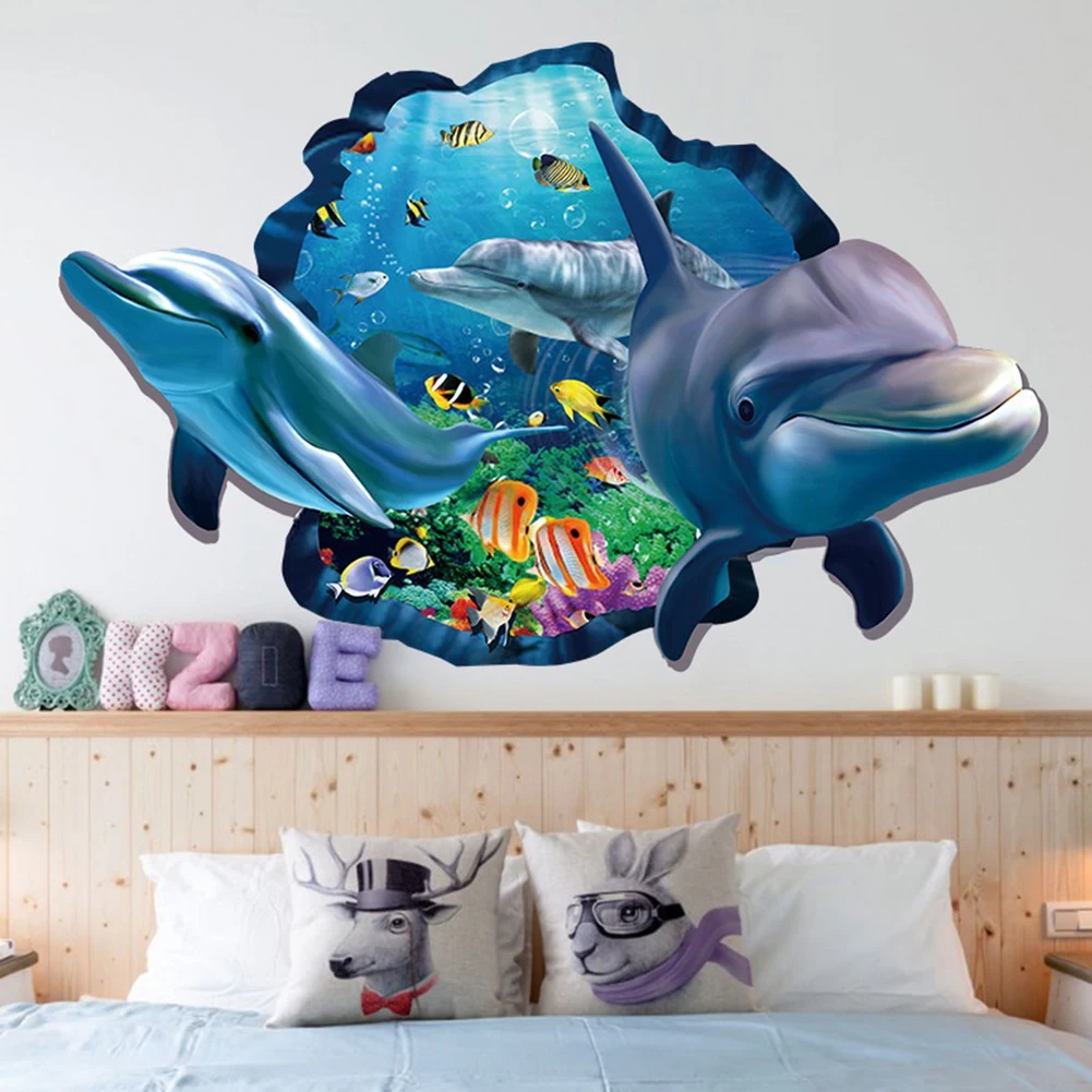 60 x 90cm Dolphin Fish Wall Sticker Kid's Bedroom Home Decor for Washing Machine Decoration for Bathroom Decal Pvc Mural Art