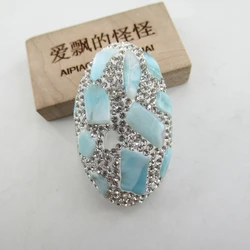 APDGG 1PC Natural Blue Larimar Pave Crystal Rhinestone Oval Shape Connector Spacer Bead For Making Bracelet necklace Jewelry DIY