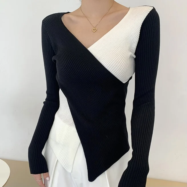 CHEERART Black And White Patchwork Knit Top Korean Fashion Wrap V Neck Ribbed Top Knitted Blouse Ladies Tops 2021 Spring