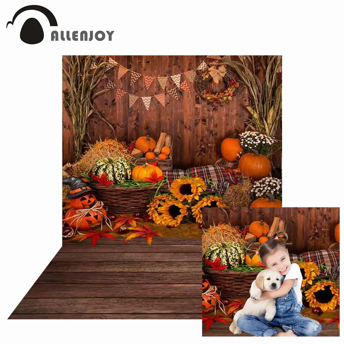 Allenjoy Fotografie Fall Achtergronden Herfst Pompoen Schuur Esdoorn Bladeren Stro Hout Muur Vloer Krans Baby Achtergrond Photophone