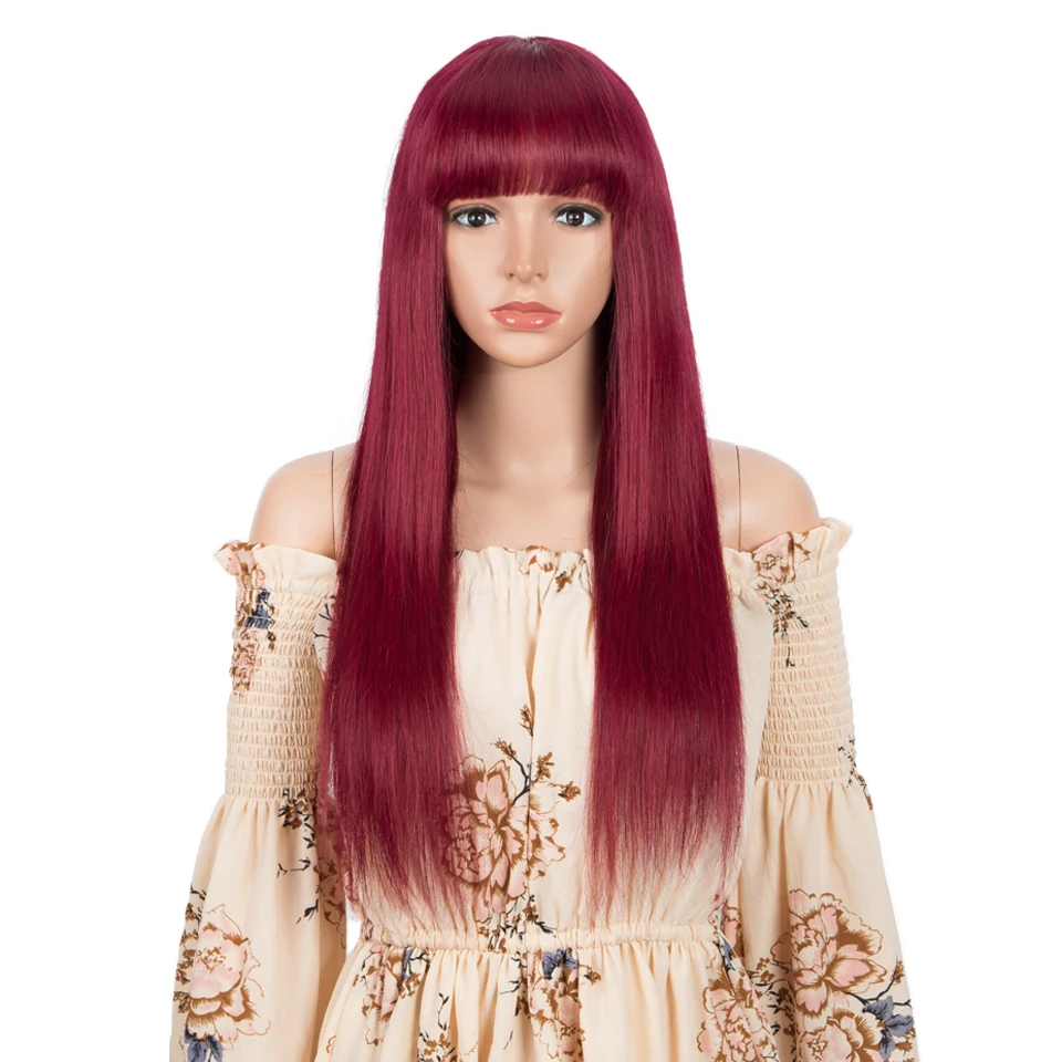 Remy Forte-Peluca de cabello humano liso para mujer, postizo de 28 pulgadas con flequillo, color rojo, brasileño, Natural, Cosplay, Bob