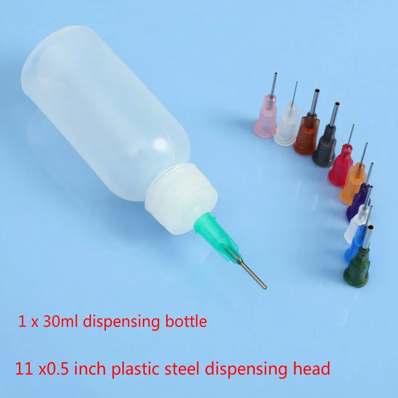 1/2pcs 30ml dispensing bottle + 11 0.5 inch plastic steel dispensing heads for flux and needles