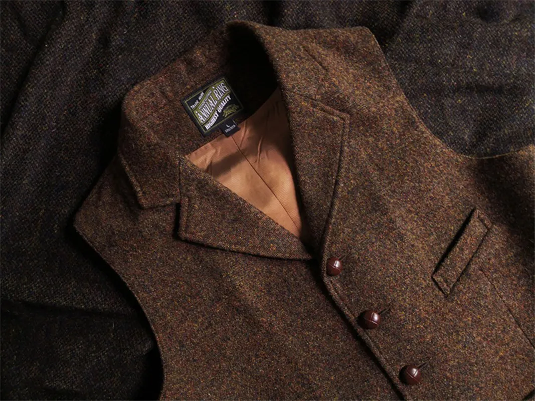 Men\'s Blazer Vest Brown Tweed Suit Sleeveless Jacket Victorian Waistcoat Groom\'s Tight Wedding Dress Vintage Clothes School