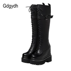 Gdgydh Fashion Lace-up Knee High Platform Boots Goth Black Metal Decoration Women Boots With Zipper Wedges Heel Drop Shipping