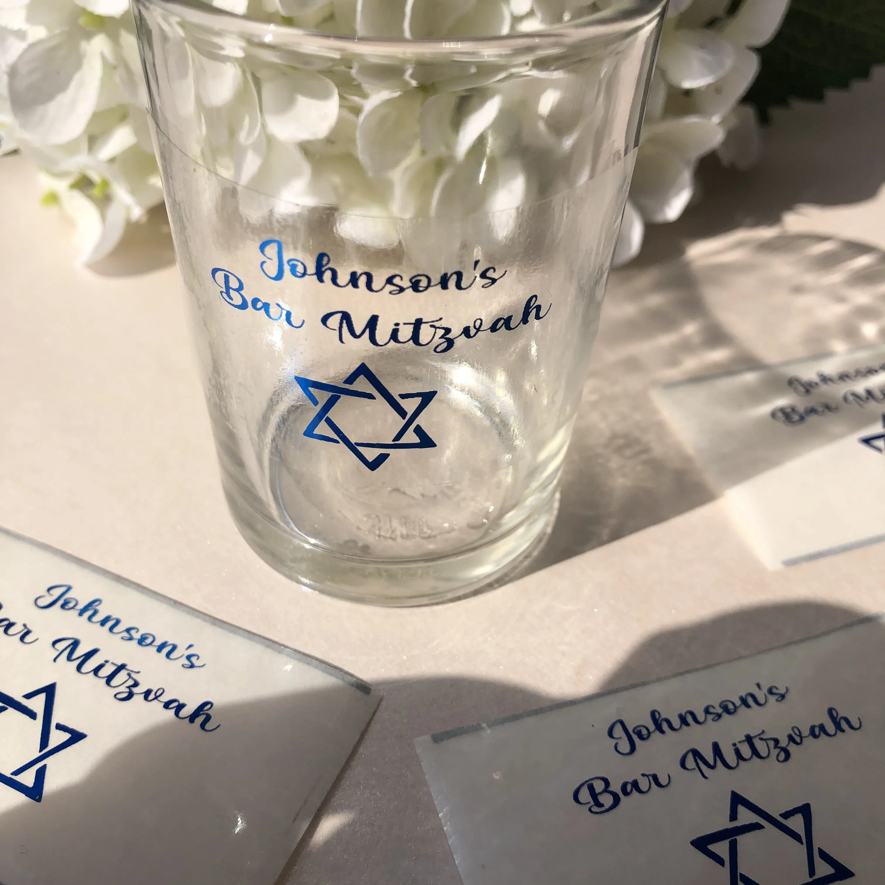 

60 Personalized Bar Mitzvah Cups Labels Boy 13th Birthday Party Decor Decoration Royal Blue Names Rectangle Transparent Stickers