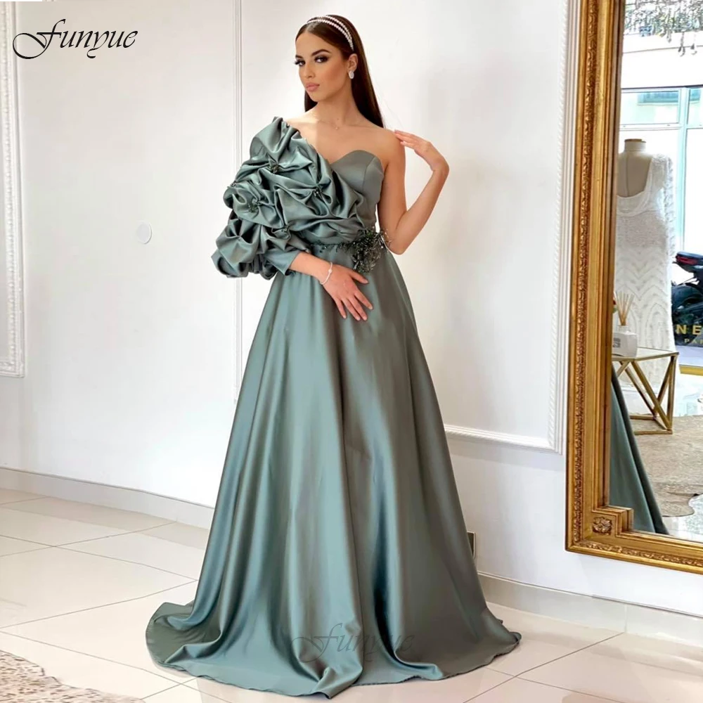 Funyue 2021 New Design Women Formal Dress A-Line Satin Elegant Prom Evening Gowns Long Ruffles Beading Wedding Party Dresses