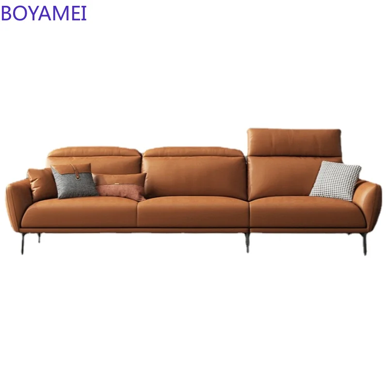 Italian minimalist leather sofa orange head layer cowhide straight row small household-type comb hair sofa