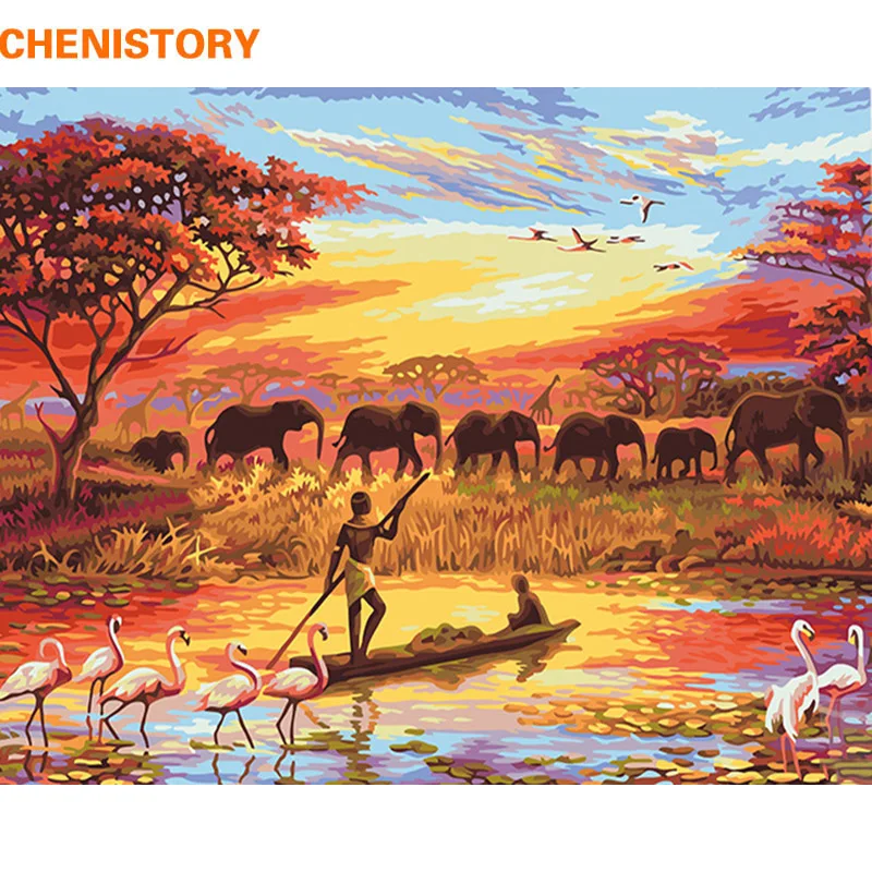 CHENISTORY – peinture sur toile d'éléphant par nombres, paysage mural moderne, peint à la main, cadeau Unique pour maison, peinture à la main