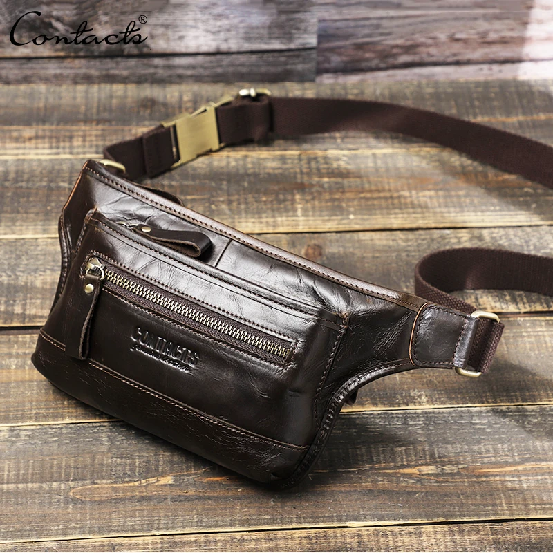 CONTACT'S Genuine Leather Men Waist Pack Casual Male Fanny Pack Waist Bag Banana Pouch Cell Phone Travel Crossbody Chest Bags