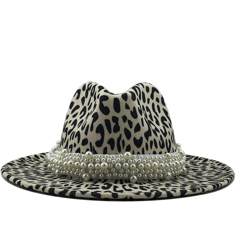 

Women Men Wool Fedora Hat With Pearl Ribbon Gentleman Elegant Lady Winter Autumn Wide Brim Church Panama Leopard print Jazz Cap