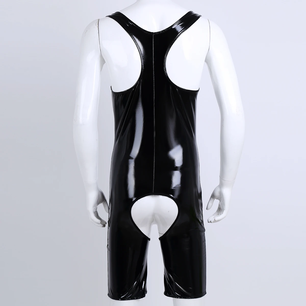Sexy Mens Singlet Wetlook Patent Leather One-piece Sleeveless Front Zipper Crotchless Singlet Boxer Leotard Bodysuit Underwear