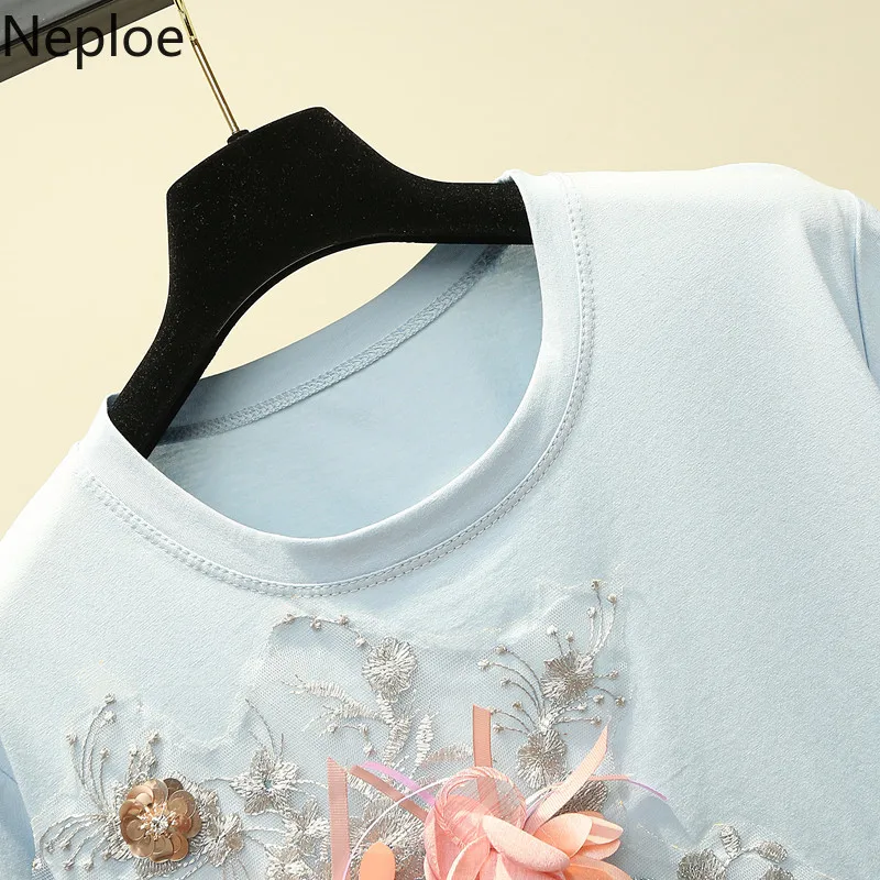 Neploe O Neck Flower Embroidery Pullover T Shirt Women Loose Causal Pink Short Sleeve Tees Summer 2024 New Cutton Top 49174