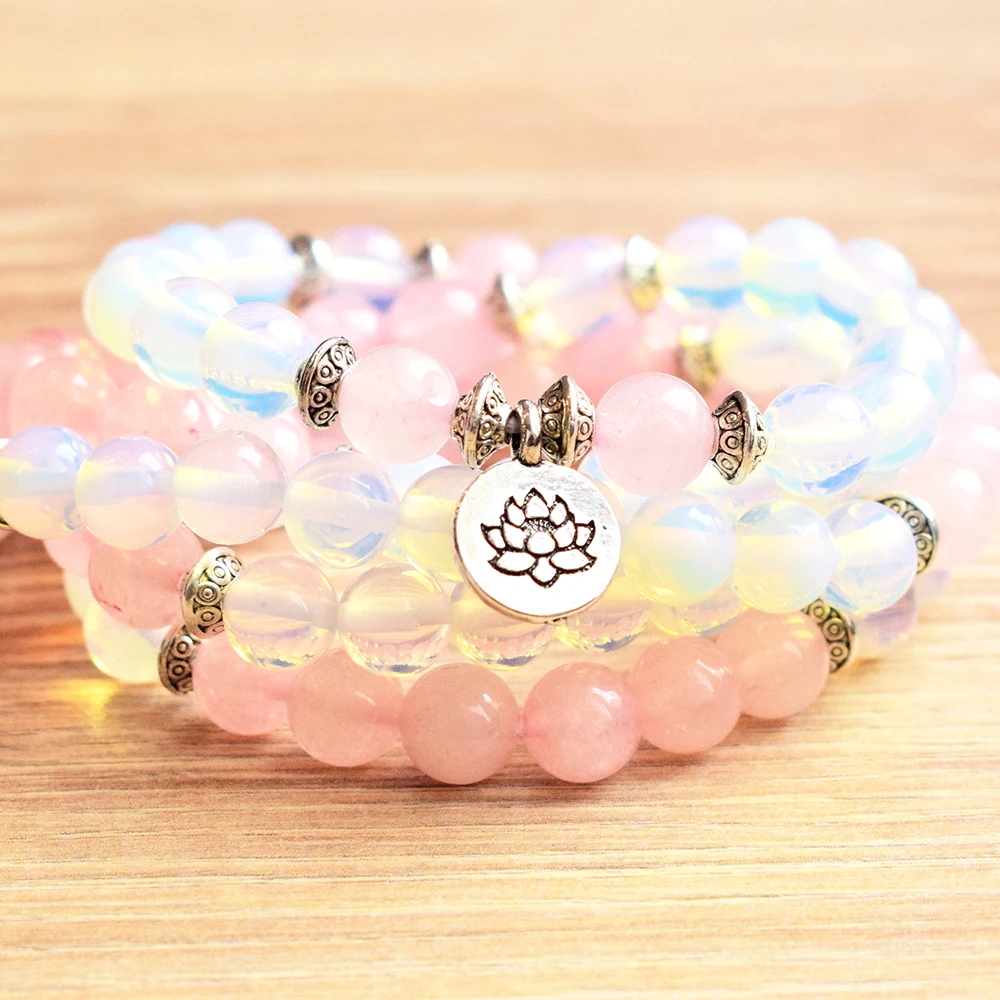 Wholesale New Design Women`s 108 Mala Yoga Bracelet 8 mm Opal Rose Quartz Mala Beads Lotus Charm Chakra Spiritual Bracelet