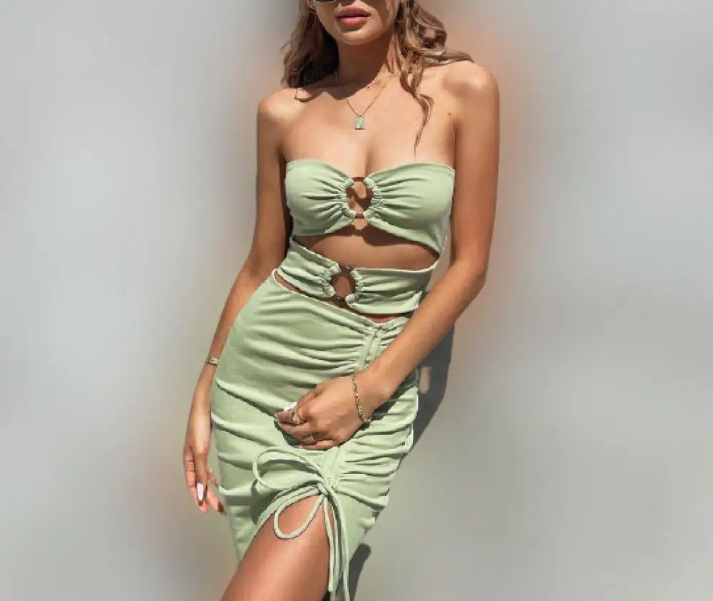 

One Step Shoulder Wrapped Breast One Step Skirt Sexy Hollow Slit High Waist Bag Hip Dress Woman Set Long Skirts Dress Sets Club