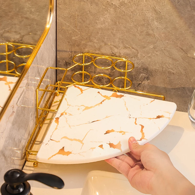 Marble Pattern Bathroom Shelf Toothbrush Holder Creative Triangle Ceramic Jewelry Cosmetic Teacup Storage Tray Bathroom Vanity