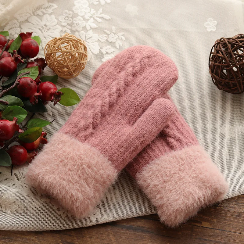 Winter Women Keep Warm Plus Velvet Inside Wrist Thicken Twist Knit Mittens Full Finger Cycling Woolen Gloves Soft Cute Lovely