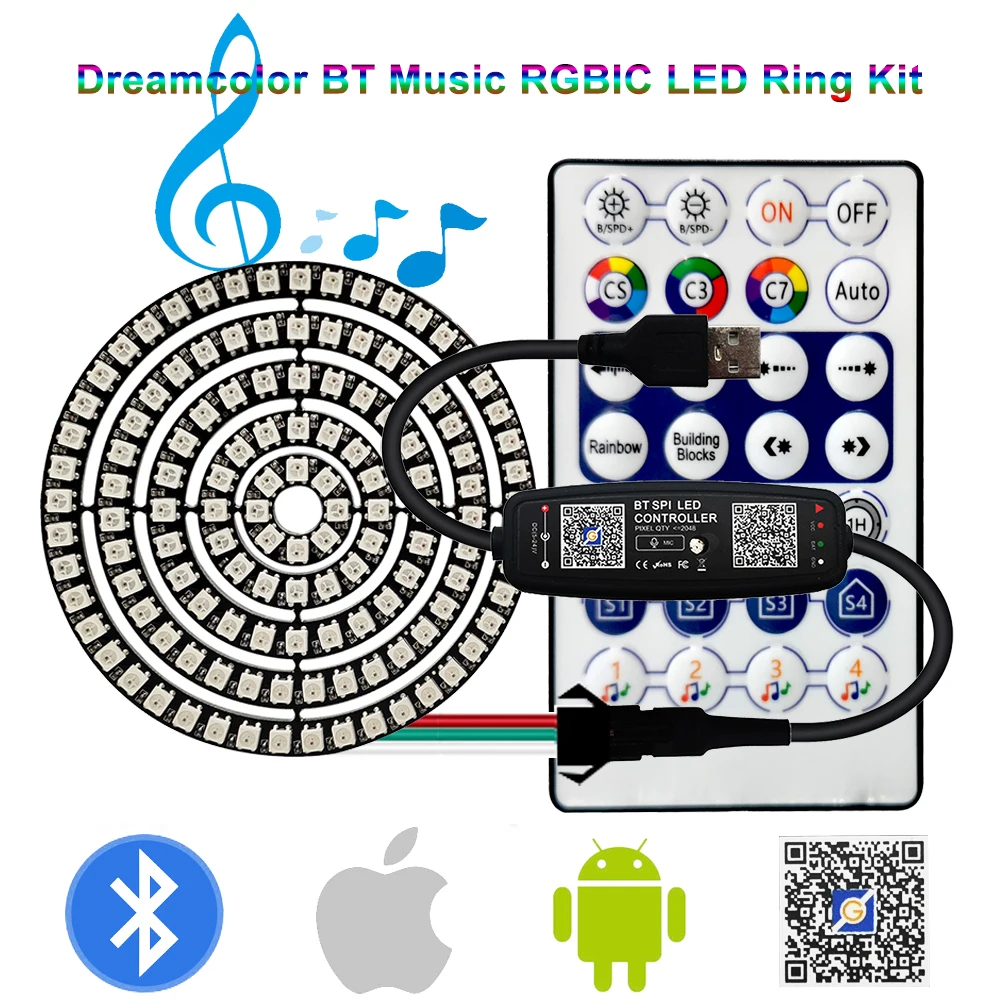 Anillo Led direccionable individualmente WS2812B 5050 RGB con USB 28 teclas Kit de controlador de música Bluetooth BuiIt-in 8/16/24/35/45 píxeles